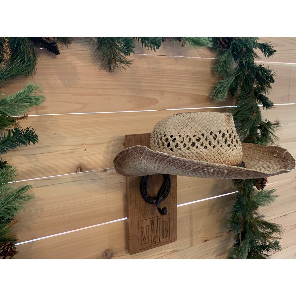 Personalized Cowboy Hat Hanger with Horseshoe Stand